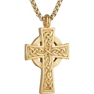Gold Steel Jesus Christ Crucifix Cross Lord's Prayer Pendant Necklace
